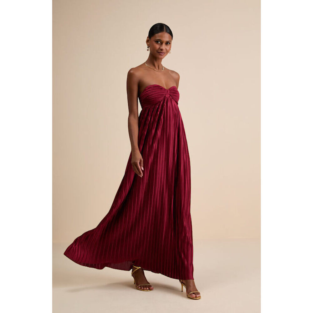 Lulus Whimsical Beauty Wine Red Satin Plisse Strapless Maxi Dress - Size XS